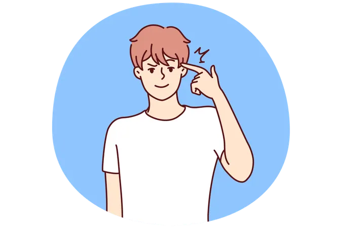 Man touches temple with finger wanting to show presence of important idea  Illustration