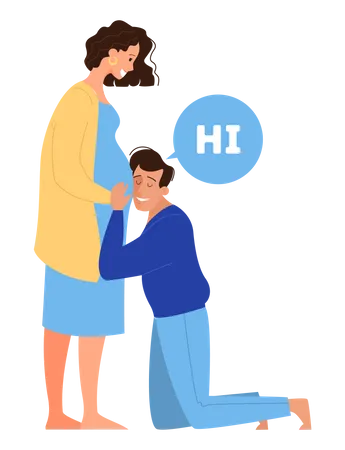 Man Touching Belly Of Pregnant Wife And Saying Hi Happy Couple Expecting Baby Isolated Flat Vector Illustration Illustration