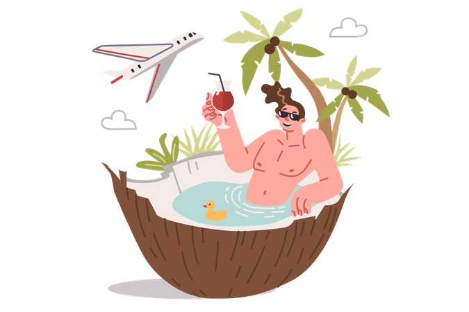 Man tourist getting lying in large coconut under palm tree and flying plane  Illustration