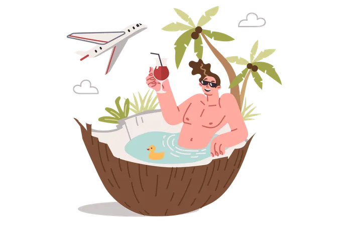 Man tourist getting lying in large coconut under palm tree and flying plane  Illustration