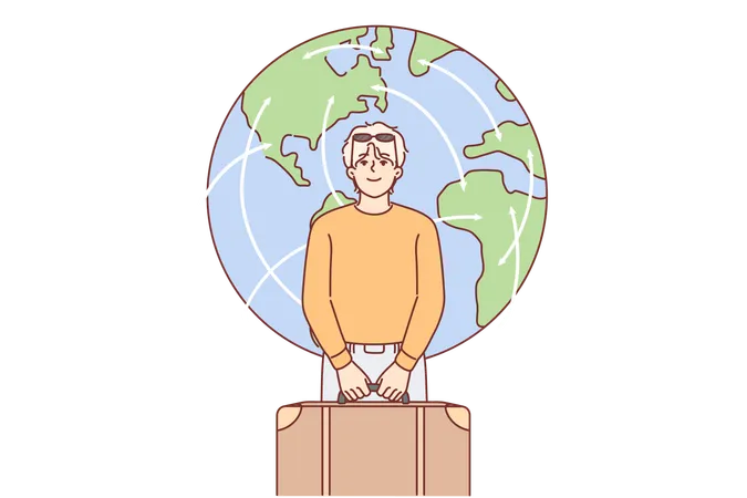Man tourist holds travel suitcase and prepares for departure standing near planet earth  Illustration