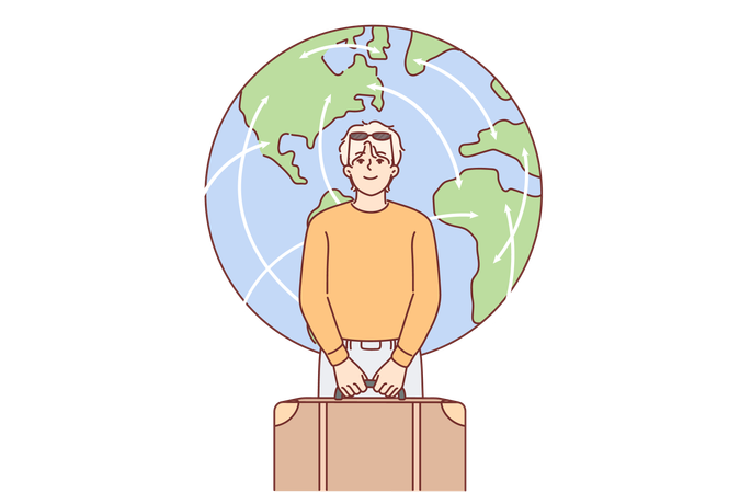 Man tourist holds travel suitcase and prepares for departure standing near planet earth  Illustration