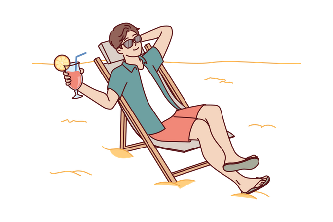 Man tourist is sunbathing on beach sitting in sun lounger and drinking fruity refreshing cocktail  Illustration