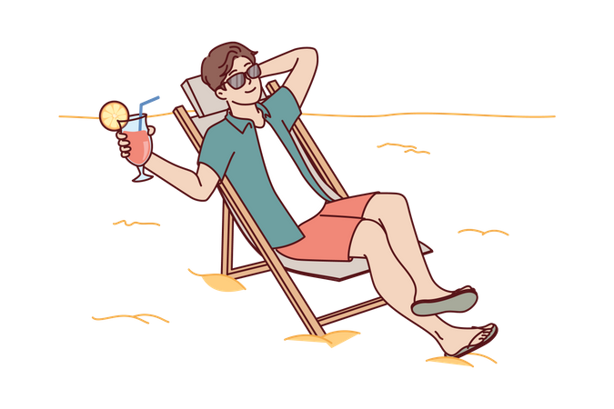 Man tourist is sunbathing on beach sitting in sun lounger and drinking fruity refreshing cocktail  Illustration