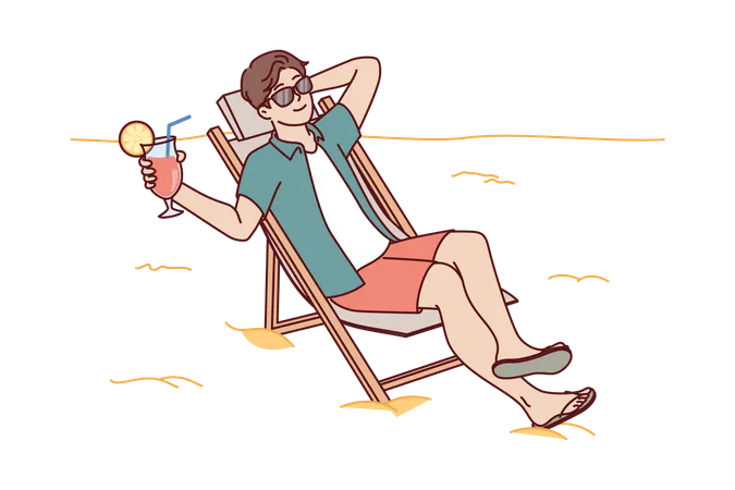 Man tourist is sunbathing on beach sitting in sun lounger and drinking fruity refreshing cocktail  Illustration