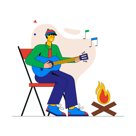Man tourist plays guitar and sings songs near campfire  Illustration