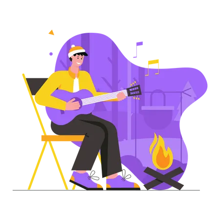 Man tourist plays guitar and sings songs near campfire  Illustration