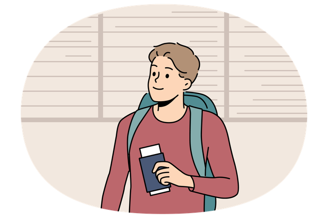 Man tourist standing at airport near board of upcoming flights and holds passport and plane ticket  Illustration