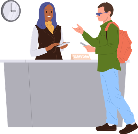 Man tourist undergoing of hotel number booking verification at reception desk  Illustration