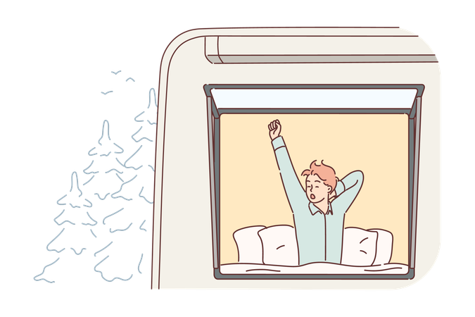 Man tourist wakes up in RV van parked near forest and yawns sitting in bed raising hand up  Illustration