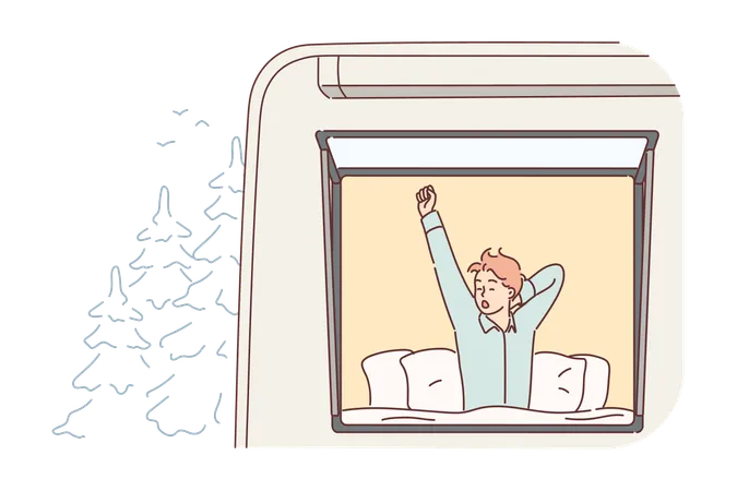 Man tourist wakes up in RV van parked near forest and yawns sitting in bed raising hand up  Illustration