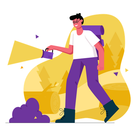 Man tourist with backpack and flashlight walks through forest  Illustration