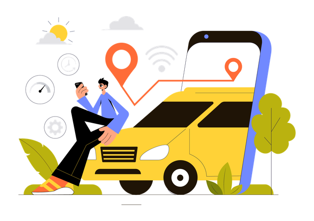 Man tracking cab online  Illustration