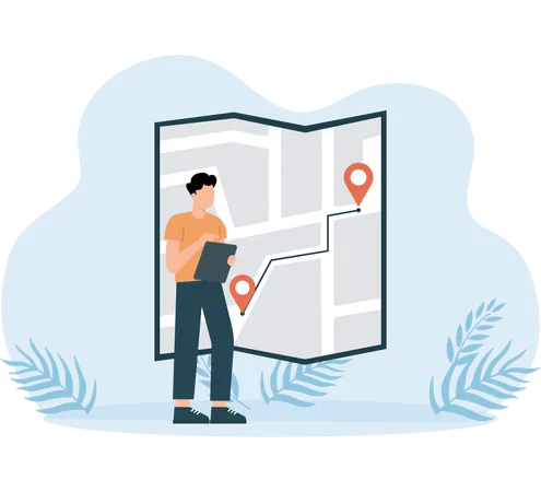 Man tracking map location  Illustration