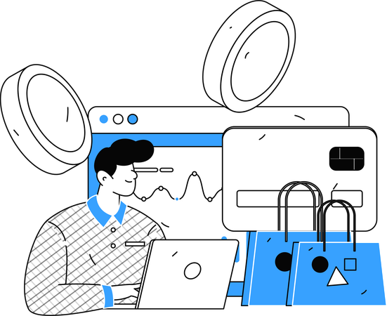 Man tracking online shopping expenses on E-commerce website  Illustration