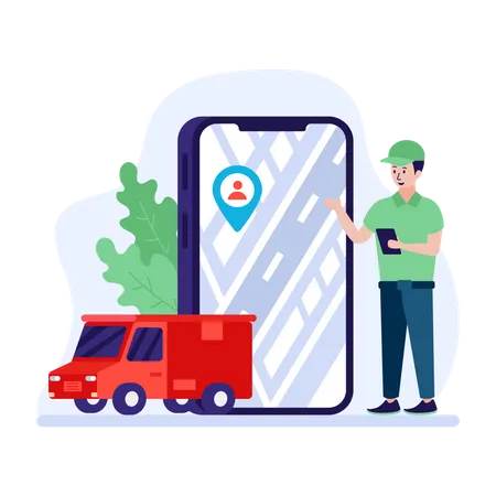 Man tracking shipment through mobile application Illustration
