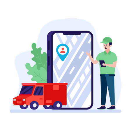 Man tracking shipment through mobile application  Illustration