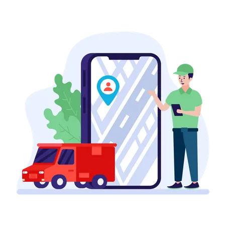 Man tracking shipment through mobile application  Illustration