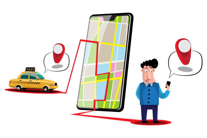 Man Tracking Taxi on Taxi Booking App  Illustration