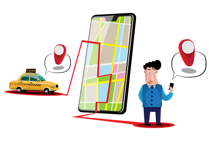 Man Tracking Taxi on Taxi Booking App  Illustration