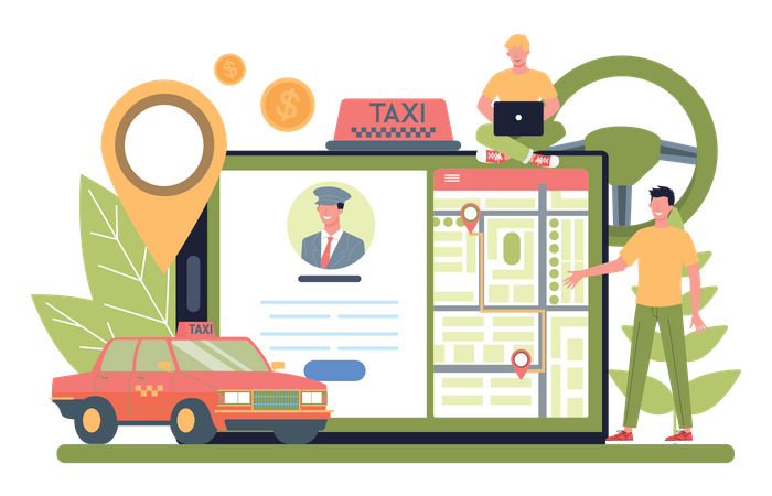 Man tracking taxi on mobile application Illustration