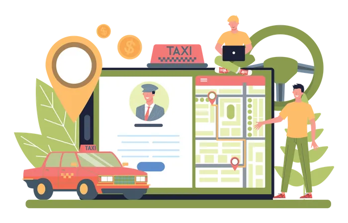 Man tracking taxi on mobile application Illustration