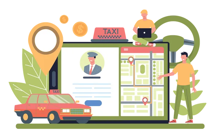 Man tracking taxi on mobile application  Illustration