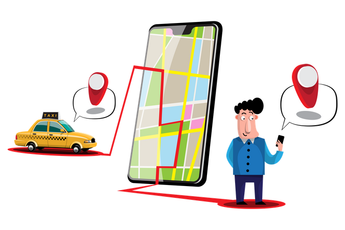 Man Tracking Taxi on Taxi Booking App Illustration