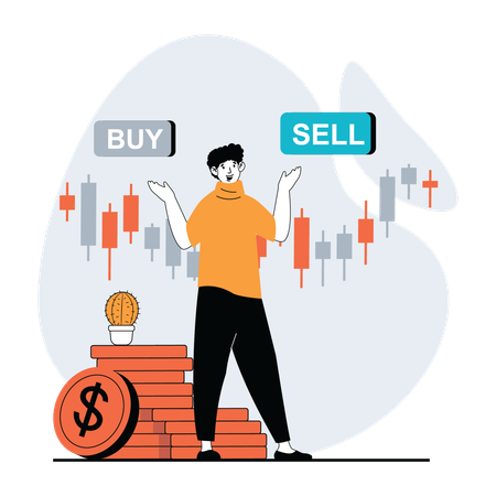 Man trader with buy and sell option  일러스트레이션