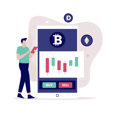 Man trading Cryptocurrency using mobile exchange Illustration