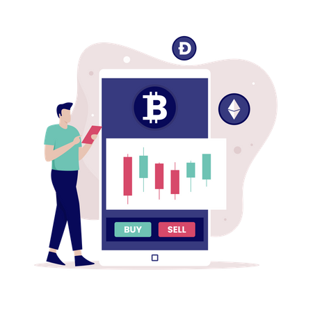 Man trading Cryptocurrency using mobile exchange  Illustration