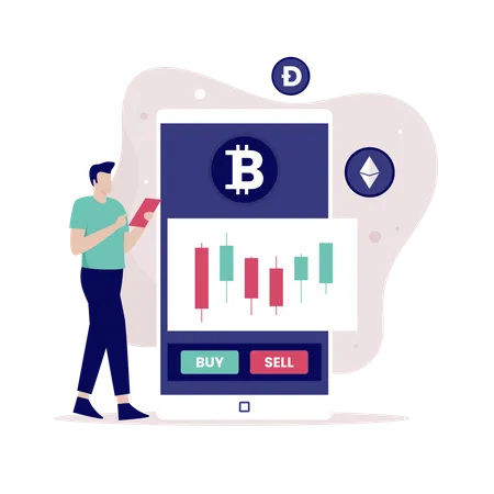 Man trading Cryptocurrency using mobile exchange  Illustration