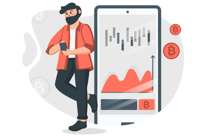 Man trading in bitcoin using exchange app Illustration