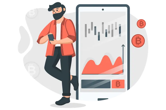 Crypto Trading Concept In Flat Design Man Buys And Sells Bitcoins Or Other Currency On Exchange Using Mobile App Analyzes Data And Gets Profit Vector Illustration With People Scene For Web Illustration