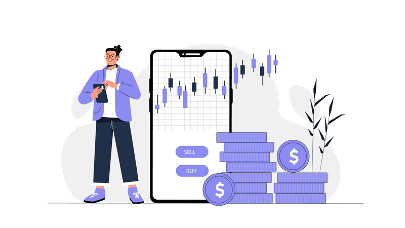 Man trading in mobile app  Illustration