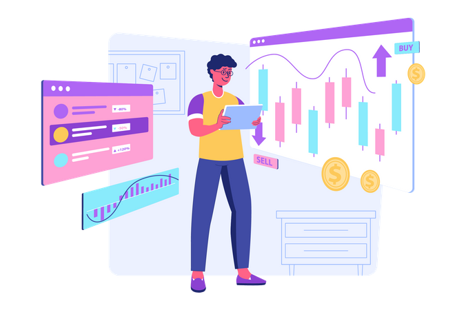 Mann, der mit technischer Analyse handelt  Illustration