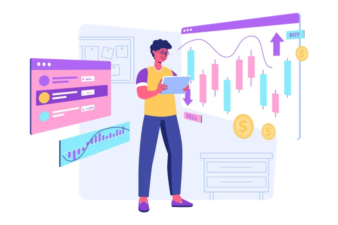 Mann, der mit technischer Analyse handelt  Illustration