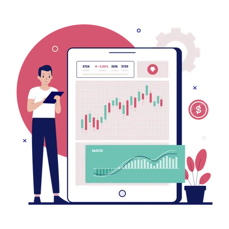 Mann, der Online-Trading mithilfe der technischen Analyse durchführt  Illustration