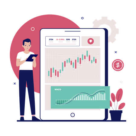 Man trading online using technical analysis  Illustration