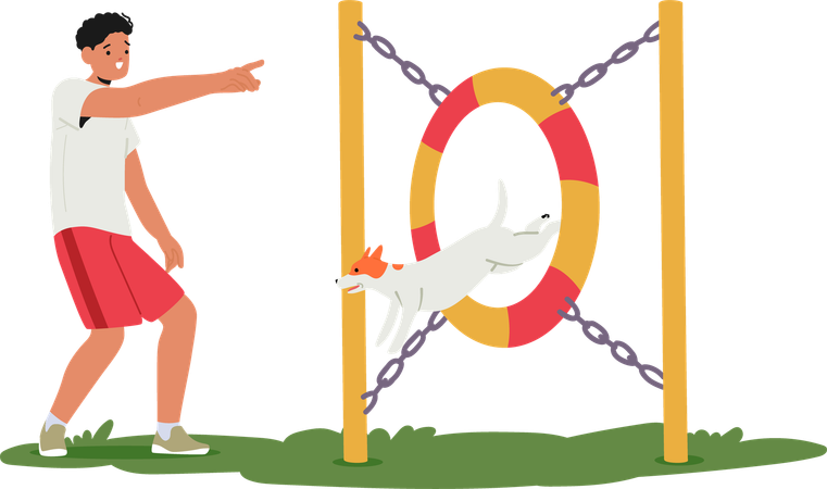 Man training dog to jump through hoop  Illustration