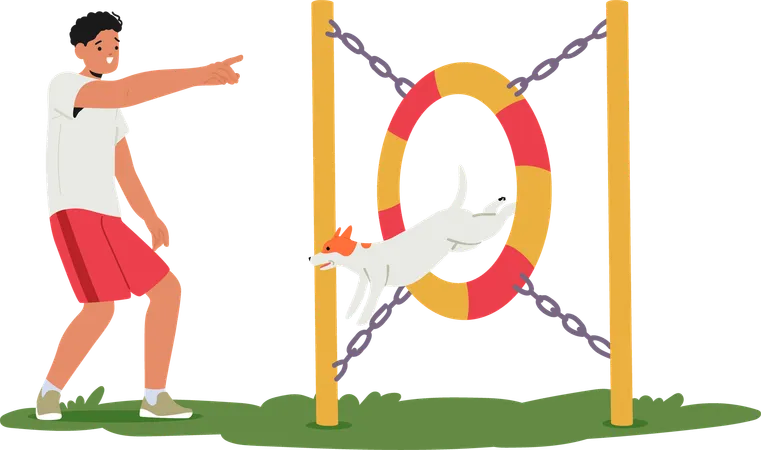 Man training dog to jump through hoop  Illustration