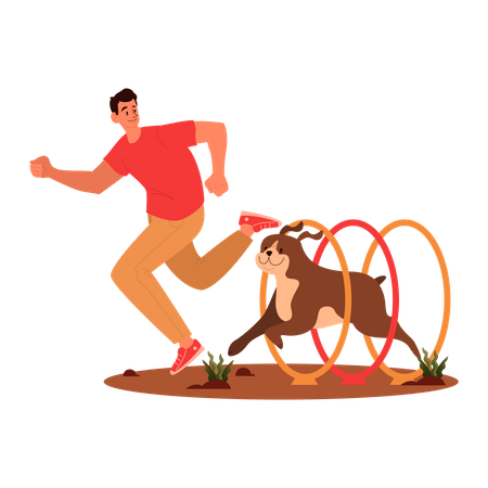 Man training his dog through tunnel  Illustration