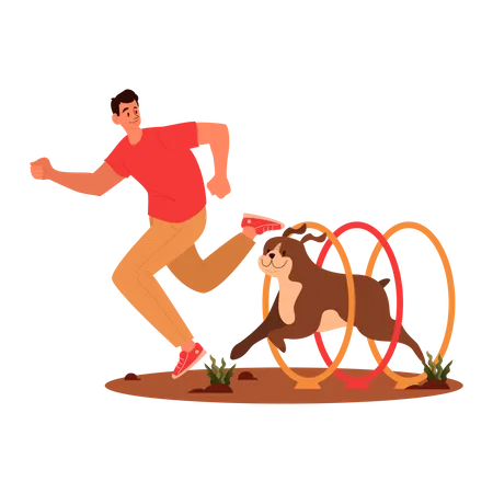 Man training his dog through tunnel  Illustration