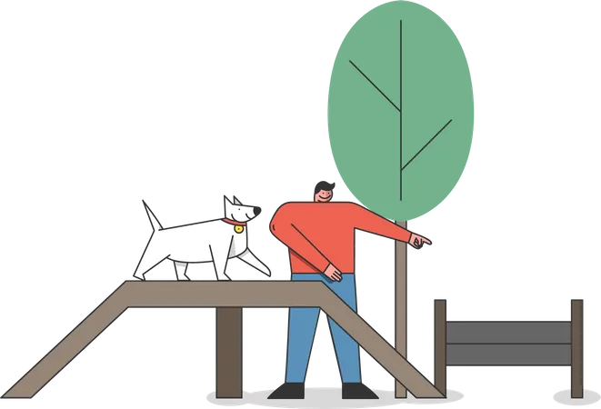 Dog Training Concept Dog Trainer Train The Dog In The City Park Or Dog Area Dog Playground In The Park Male Is Playing With Pet In Special Dog Park Cartoon Linear Outline Flat Vector Illustration Illustration