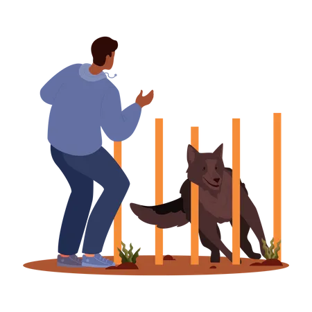 Dog Agility Salom Training Exercise For Pet Man Training His Pet Dog Happy Puppy Having Agility Lesson Good Trainer Outdoor Isolated Vector Illustration In Cartoon Style Illustration