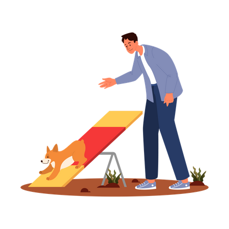 Man training his pet dog on seesaw  Illustration