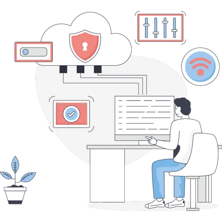 Man transfer data in cloud  Illustration