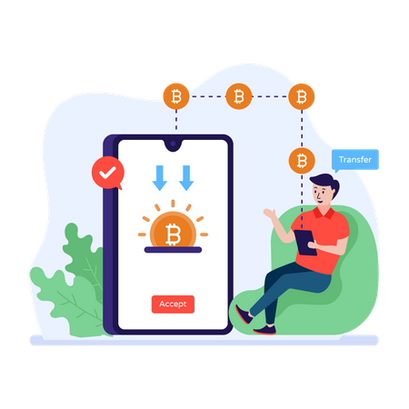 Man transfering bitcoin using application  Illustration
