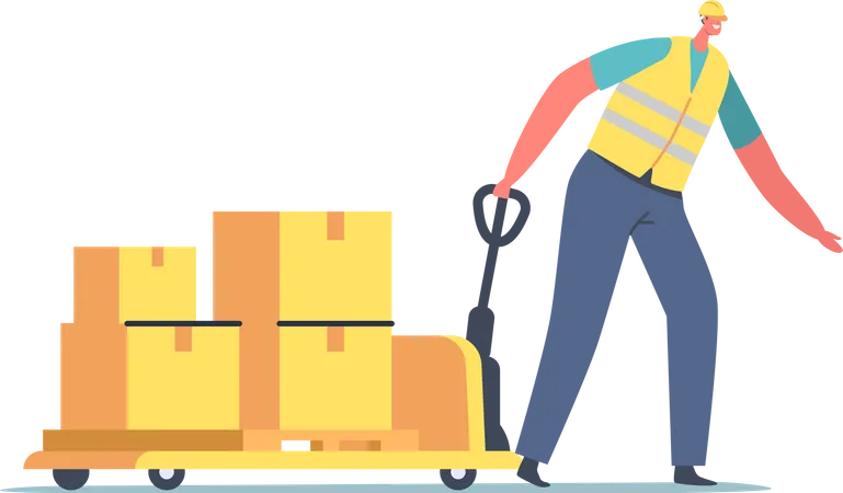 Man transporting boxes on warehouse trolley  Illustration