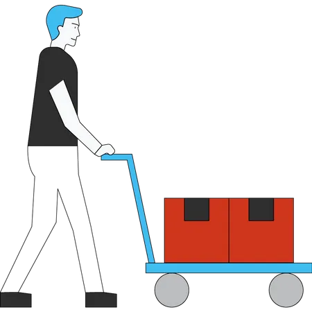 The Boy Is Carrying A Packages Trolley Illustration